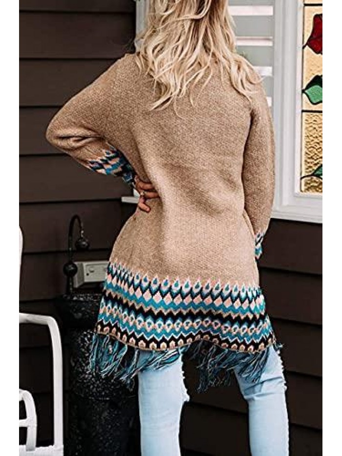 Plus Size Long Cardigans Boho Open Front Aztec Tribal Chunky Loose Sweaters with Tassels 