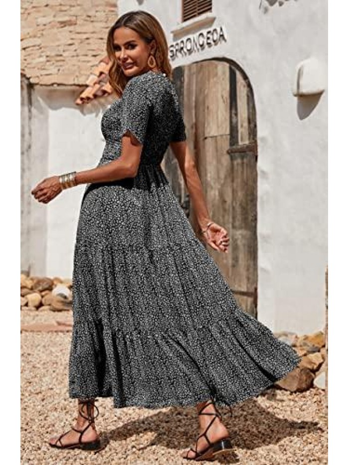 Women Casual Short Sleeve Crew Neck Summer Dress Bohemian Floral Printed Flowy Maxi Dresses Tiered Cocktail Dress 