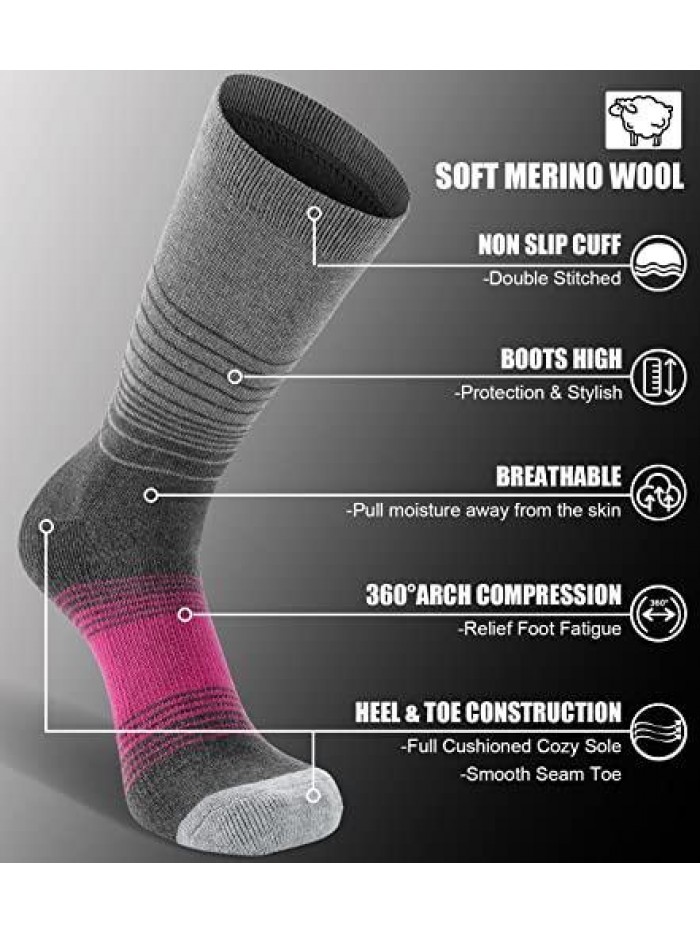 4 Pack Women's Merino Wool Hiking Socks Cushioned Warm Winter Thermal Walking Crew Boot Socks 