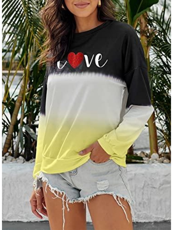 Women's Casual Color Block Tie Dye Crewneck Long Sleeve Loose Pullover Sweatshirt Tops 