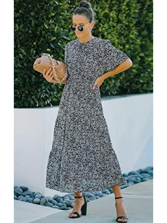 Women's Dress Summer High Waist Short Sleeves Boho Floral Ruffle Tiered Maxi Dresses 