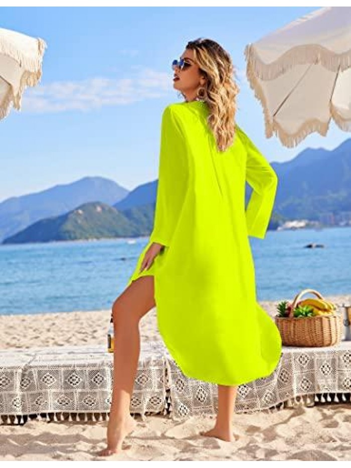 Swimsuit Cover Ups Shirt for Women Button Down Beachwear Long Beach Bathing Suit Resort Wear S-3XL 