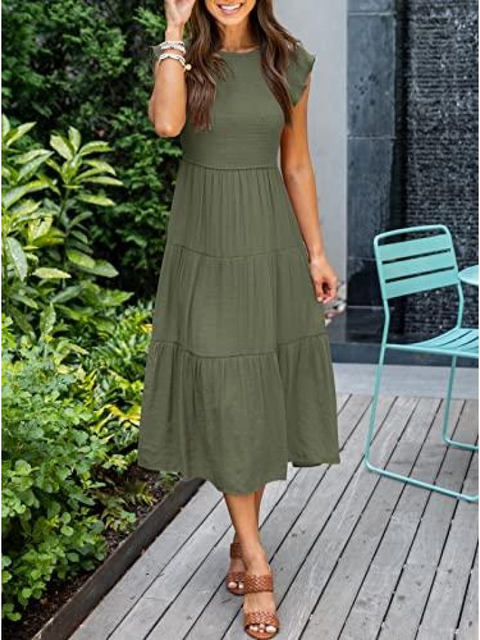 Women's Summer Casual Midi Maxi Dress Boho Flutter Sleeve Smocked A-Line Long Dress 