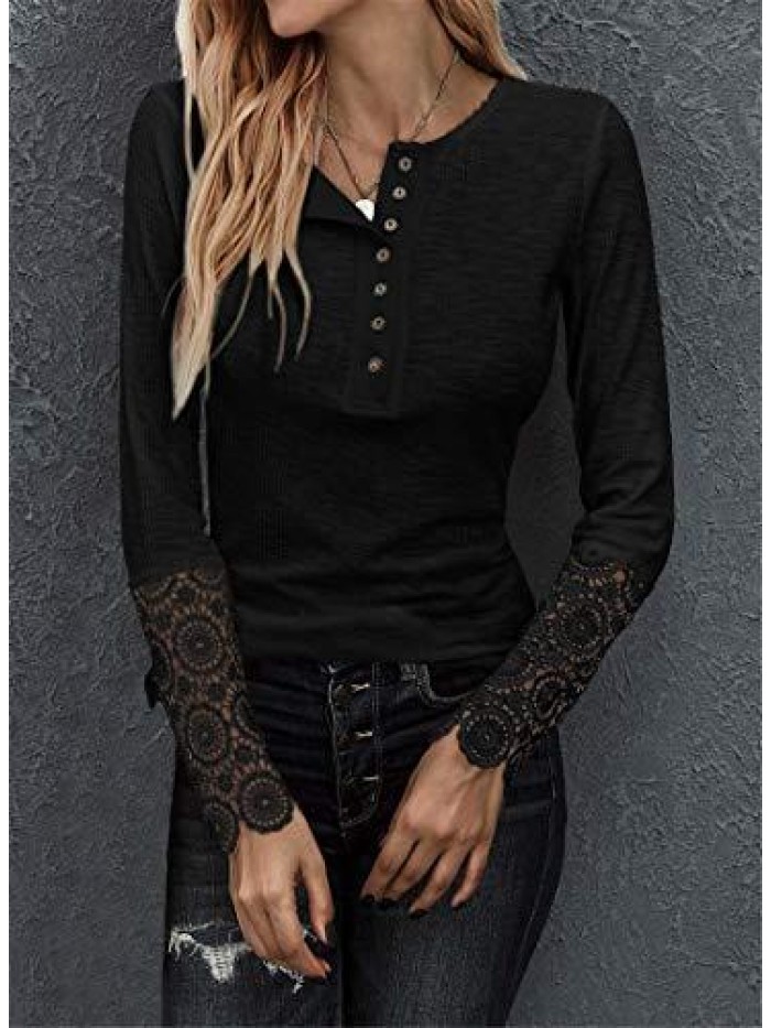 Womens Ribbed Knit Henley Long Sleeves Tunic Lace Tops V Neck Button Shirts Casual Slim Fit Blouses 