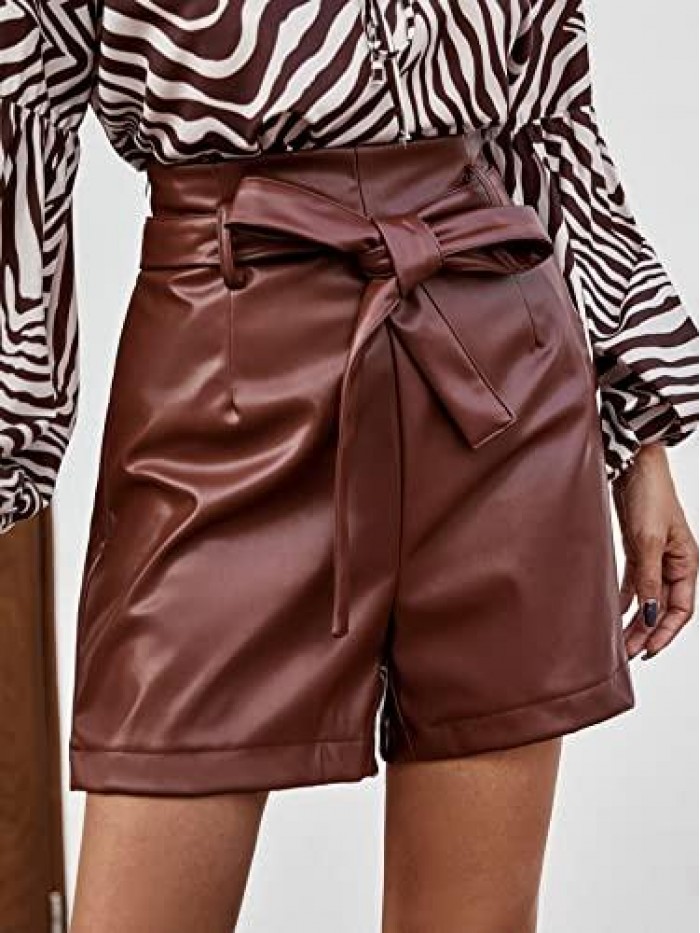 Women's Casual High Waist Wide Leg Shorts Belted Faux Leather Shorts 