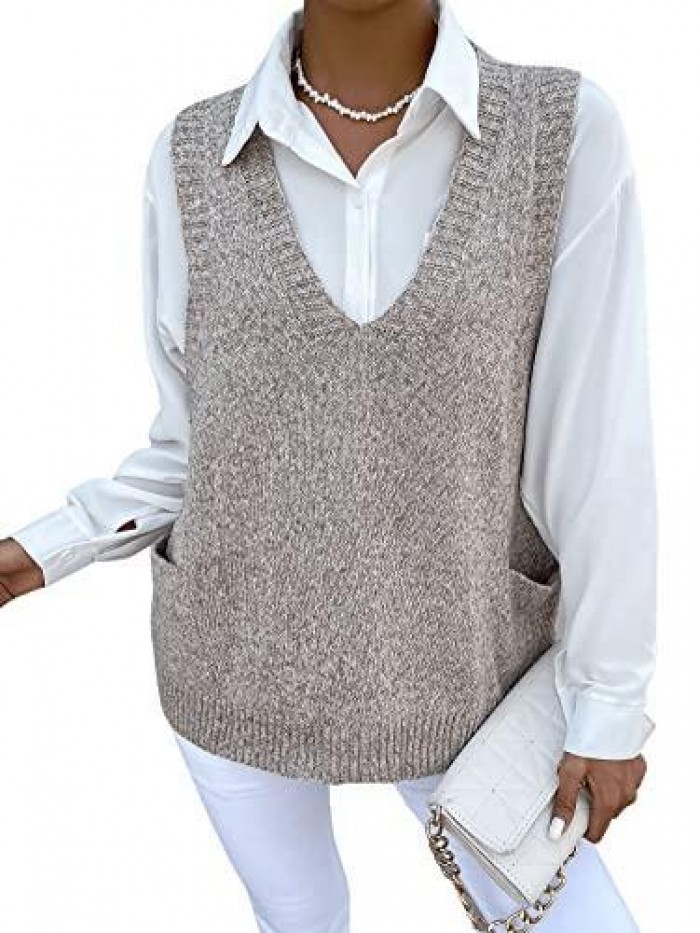 Women's Oversized Sweater Vest V Neck Dual Pocket Side Sleeveless Marled Knit Sweater Vest Pullovers 