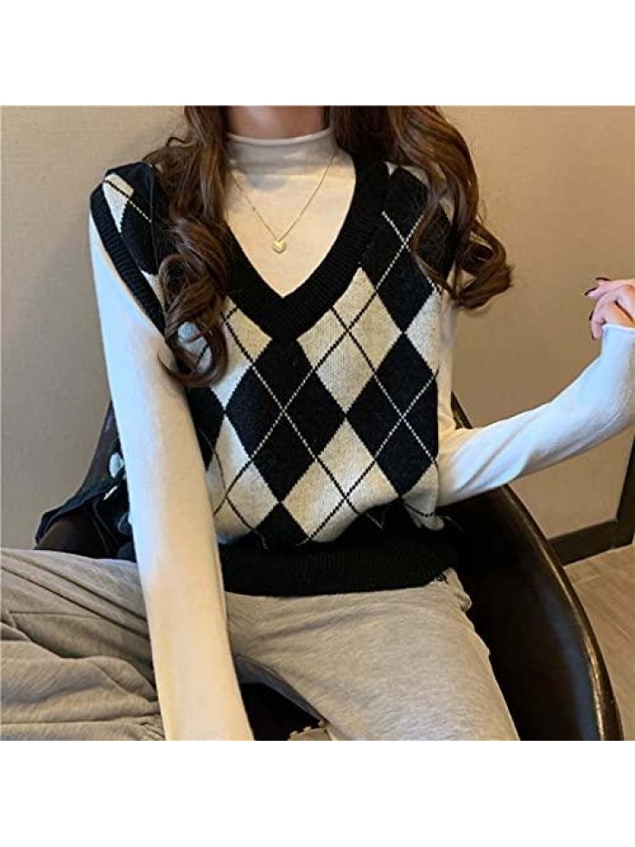 Sleeveless V-Neck Argyle Plaid Knitted Sweater Vest 90s E-Girl Casual Loose Preppy Style Pullover Knitwear Top 