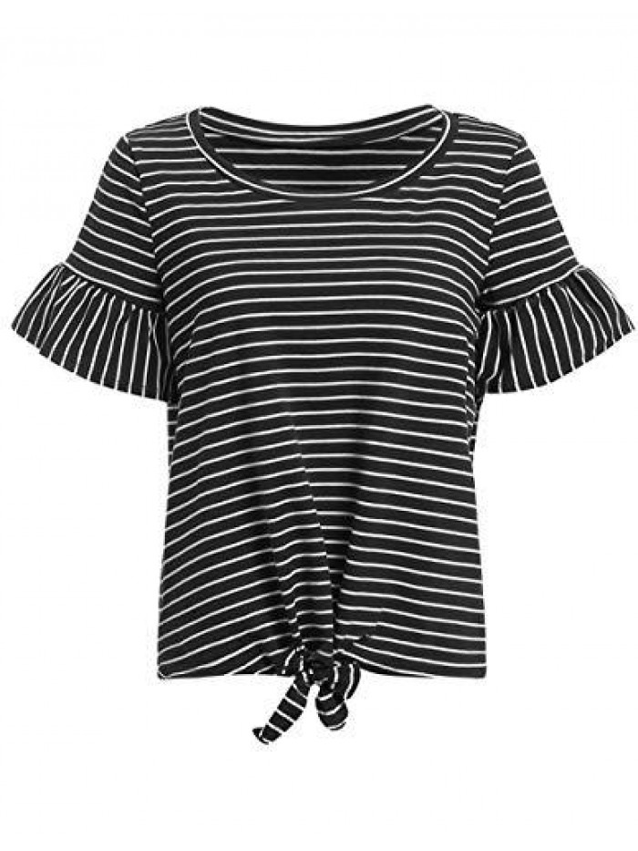 Women's Short Sleeve Tie Front Knot Casual Loose Fit Tee T-Shirt 