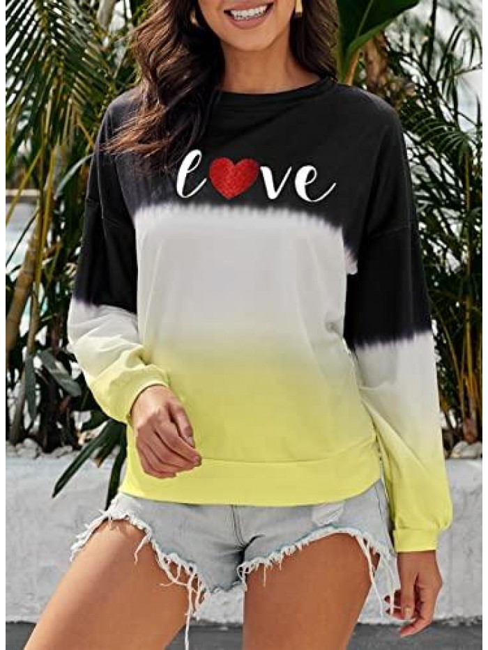 Women's Casual Color Block Tie Dye Crewneck Long Sleeve Loose Pullover Sweatshirt Tops 