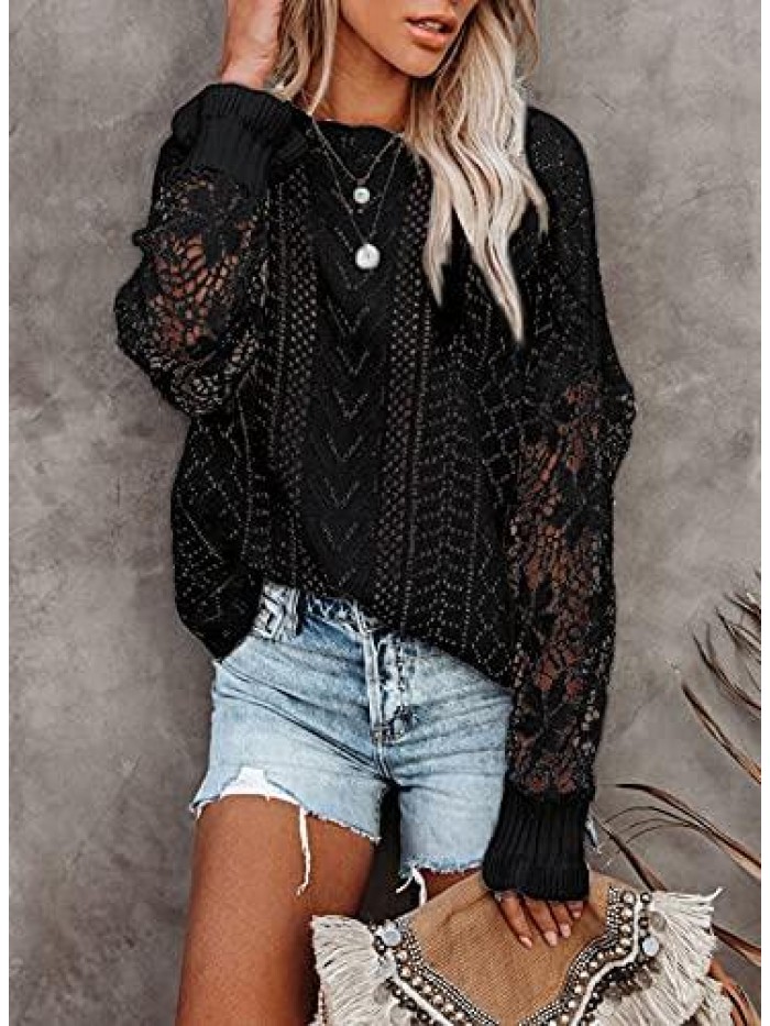 Women Lace Crochet Long Sleeve Crewneck Sweaters Winter Knit Pullover Jumper Tops 