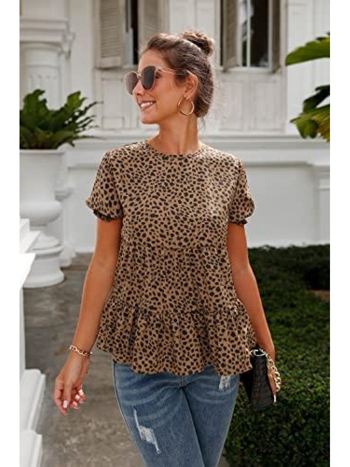 Women's Leopard Blouse Short Puff Sleeve Crewneck Babydoll Shirts Peplum Tunic Tops 