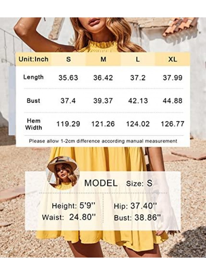 Women's Summer Casual Sleeveless Halter Dress Ruffle Tiered Flowy Short Dress Loose Swing Pleated Boho Mini Sundress 