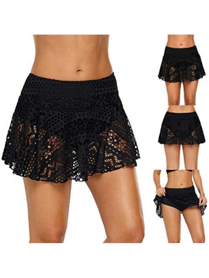 Crochet Lace Skirted for Women's Hollow Out Tankini Bottom Swimsuit Board Shorts Skirt Solid Swim Skort Swimdress 