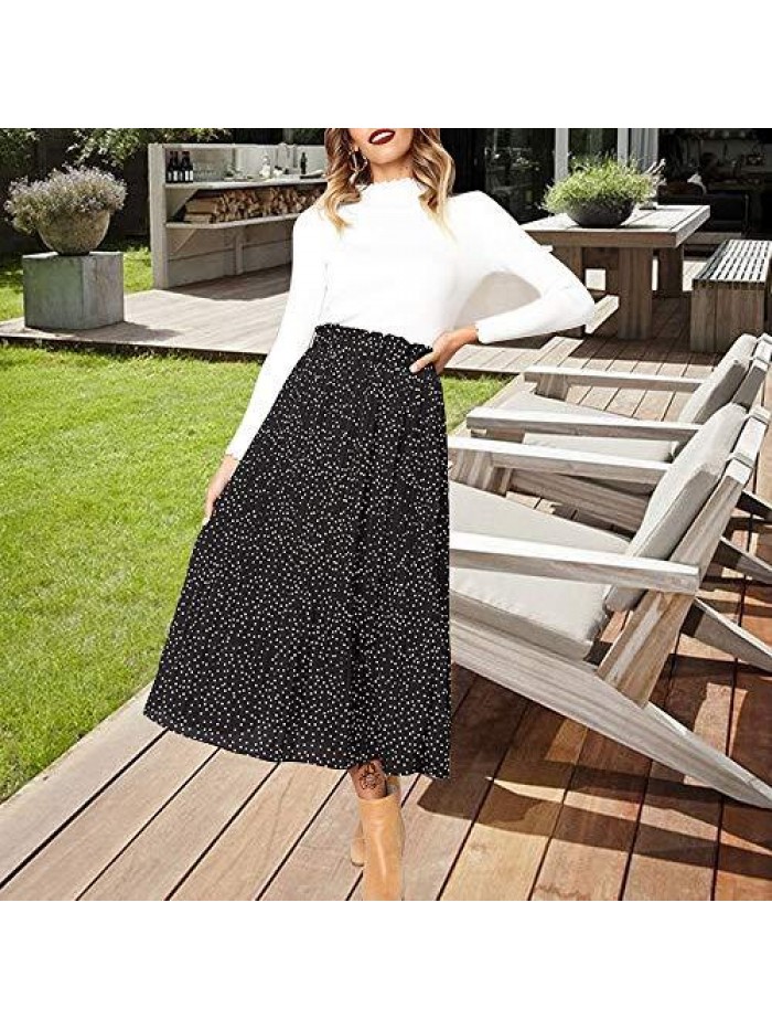 Womens High Waist Polka Dot Pleated Skirt Midi Swing Skirt with Pockets 