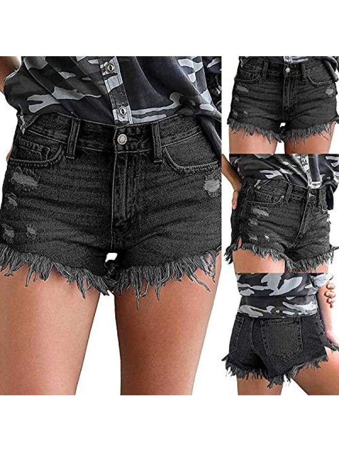 Loose Fit Shorts Mid Waist Raw Hem Shorts Frayed Ripped Hot Denim Jean Shorts Girl Women's Ripped Jeans 