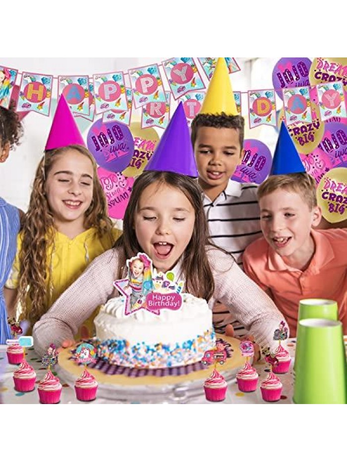 PCS JoJo Siwa Birthday Party Supplies Included Birthday Banner, Hanging Swirls, Cake topper, Cupcake toppers, Balloons, Foil Balloon,Stickers Birthday Party Decorations for Girls 