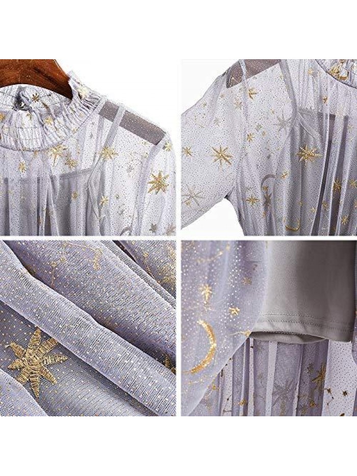 Women Summer Chiffon Dress Stars Moon Print Embroidered Skirt Long Puff Sleeve Princess Dress 