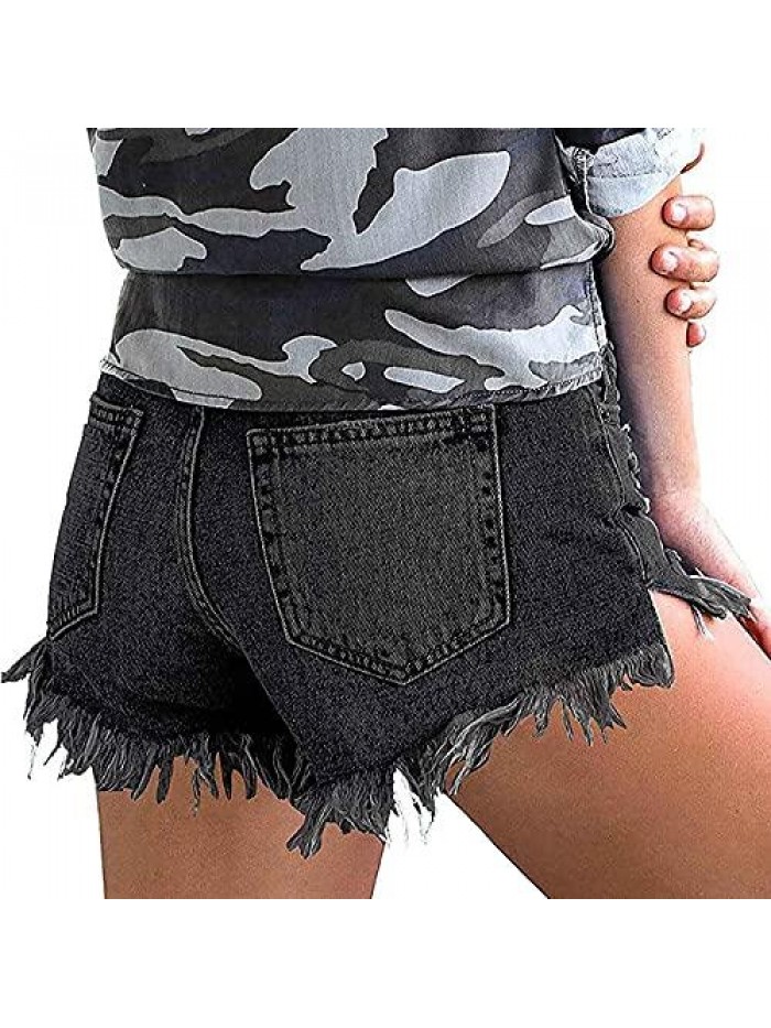 Loose Fit Shorts Mid Waist Raw Hem Shorts Frayed Ripped Hot Denim Jean Shorts Girl Women's Ripped Jeans 