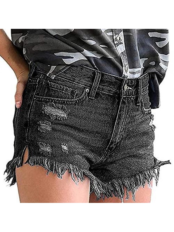 Loose Fit Shorts Mid Waist Raw Hem Shorts Frayed Ripped Hot Denim Jean Shorts Girl Women's Ripped Jeans 