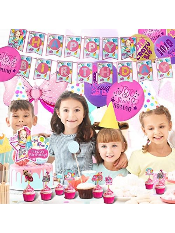 PCS JoJo Siwa Birthday Party Supplies Included Birthday Banner, Hanging Swirls, Cake topper, Cupcake toppers, Balloons, Foil Balloon,Stickers Birthday Party Decorations for Girls 