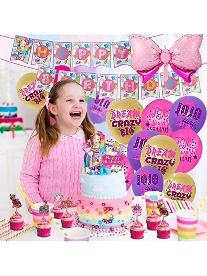 PCS JoJo Siwa Birthday Party Supplies Included Birthday Banner, Hanging Swirls, Cake topper, Cupcake toppers, Balloons, Foil Balloon,Stickers Birthday Party Decorations for Girls 