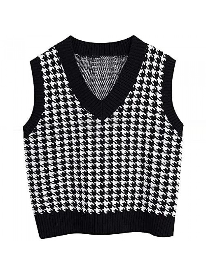 Houndstooth Cropped Sweater Vest with Shirt Trendy V Neck Cable Knit Sleeveless Vest Fashion Vest Pullover Top 