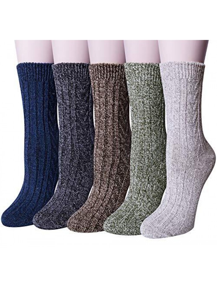 of 5 Womens Winter Socks Warm Thick Knit Wool Soft Vintage Casual Crew Socks Gifts 