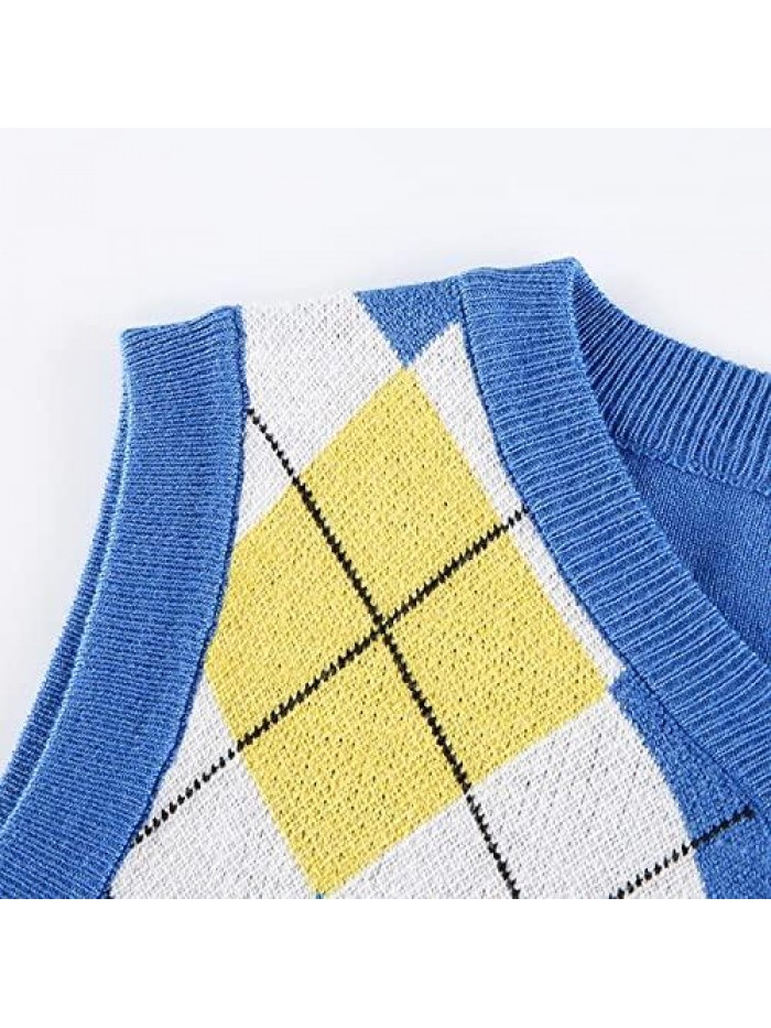 Argyle V Neck Sweater Vest Women - Plaid Pattern & Sleeveless Knit - Crop Top Y2K Streetwear Preppy for Girl 