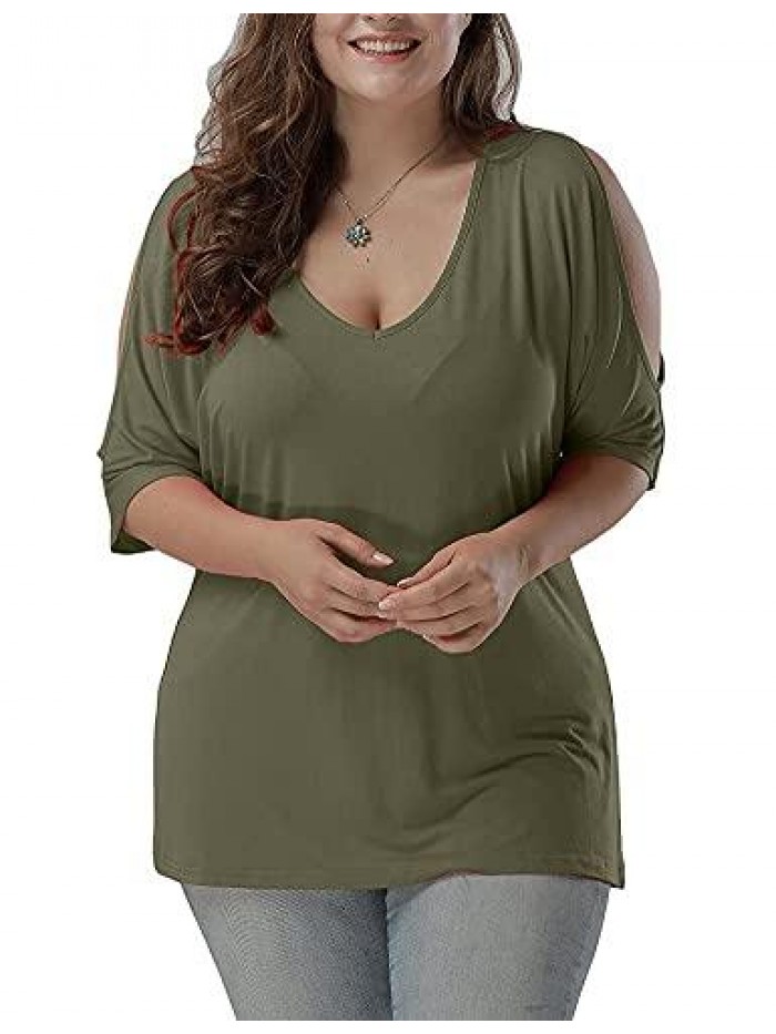 Women Plus Size Tops V Neck Short Sleeve Batwing Top Cold Shoulder T Shirt 