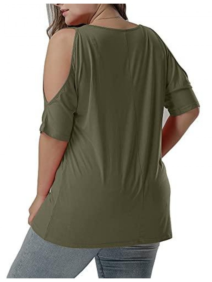 Women Plus Size Tops V Neck Short Sleeve Batwing Top Cold Shoulder T Shirt 