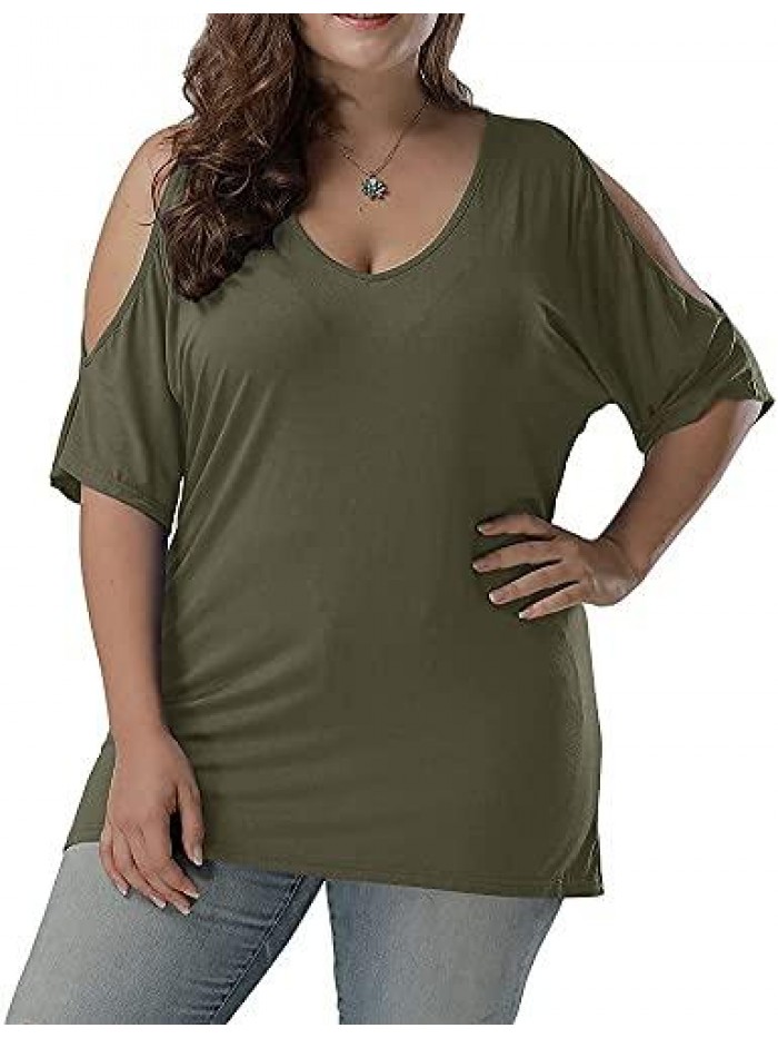 Women Plus Size Tops V Neck Short Sleeve Batwing Top Cold Shoulder T Shirt 