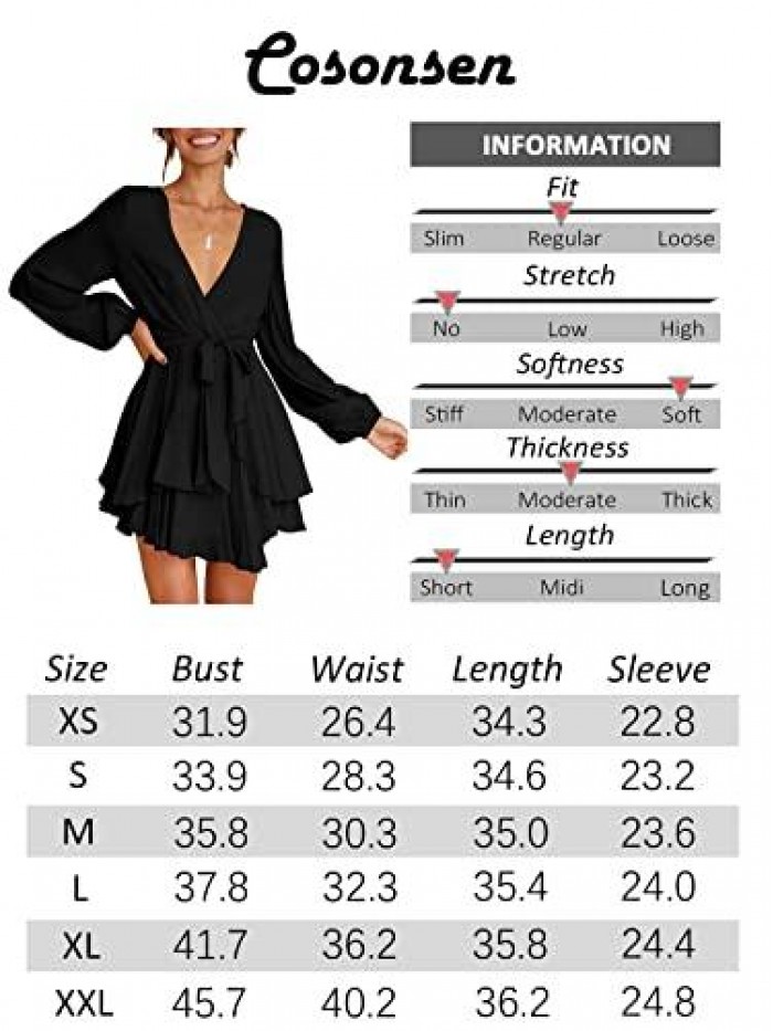 Women's Dress Deep V-Neck Long Sleeve Waist Tie Ruffle Mini Swing Skater Dresses 