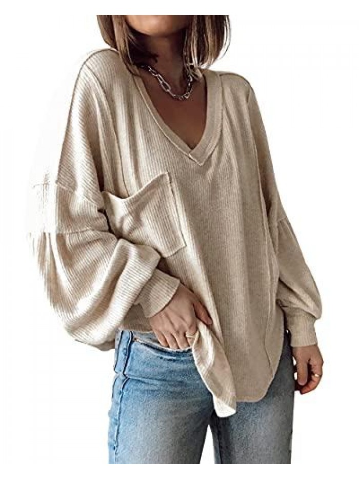 Women's Casual V Neck Ribbed Knitted Shirts Pullover Tunic Tops Loose Balloon Sleeve Solid Color Blouses Top 