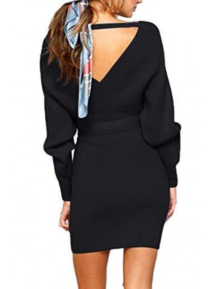 Women's Sweater Dress Sexy V Neck Long Sleeve Backless Wrap Knitted Mini Dresses 