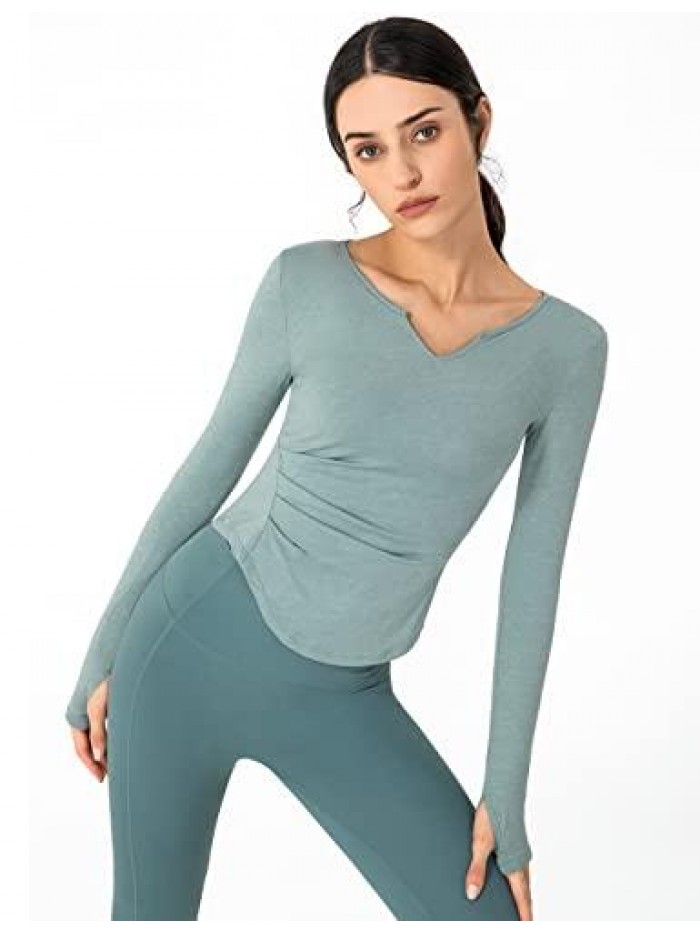 Long Sleeve Workout Top for Women Workout Shirts V Neck Yoga Tops Sports Running Gym Athletic Tops with Thumb Holes 