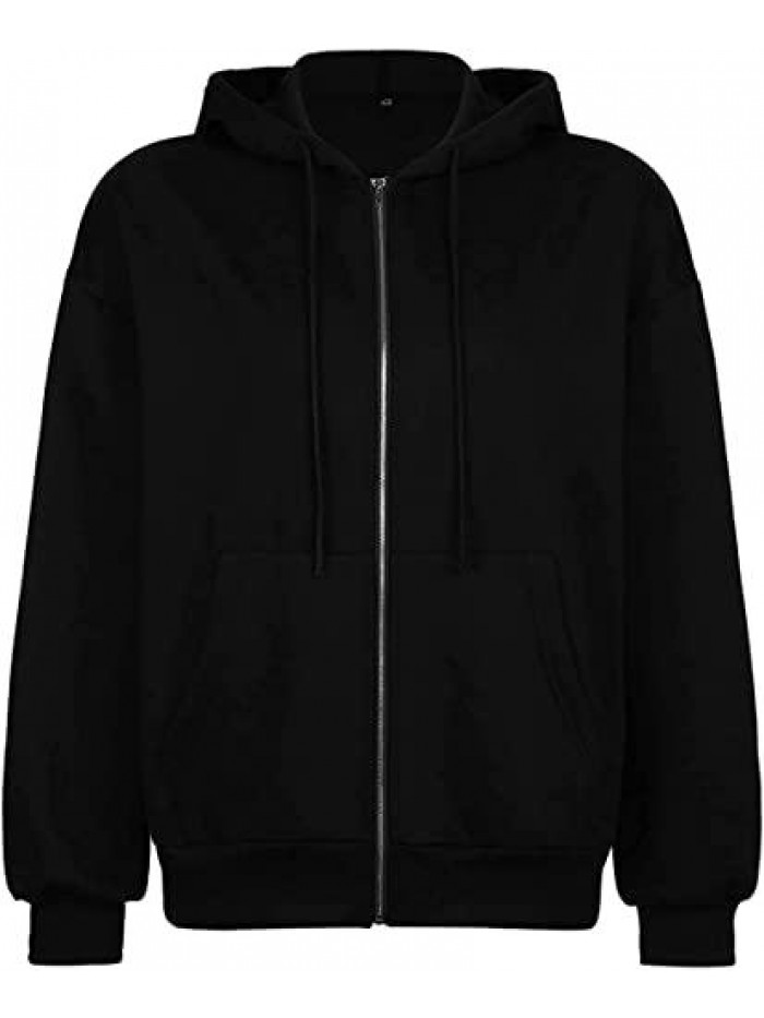 Zip Up Hoodie Long Sleeve Fall Oversized Sweatshirts Casual Drawstring Hoodies Jacket With Pocket 