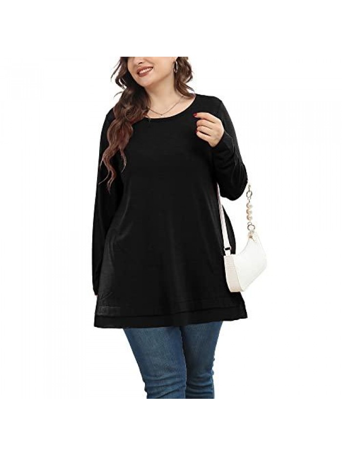 Women's Plus Size Casual Tunic Top - Long Sleeve Pleated Button Up Ruffle Flared Solid Blouse Shirt(0X-4X) 