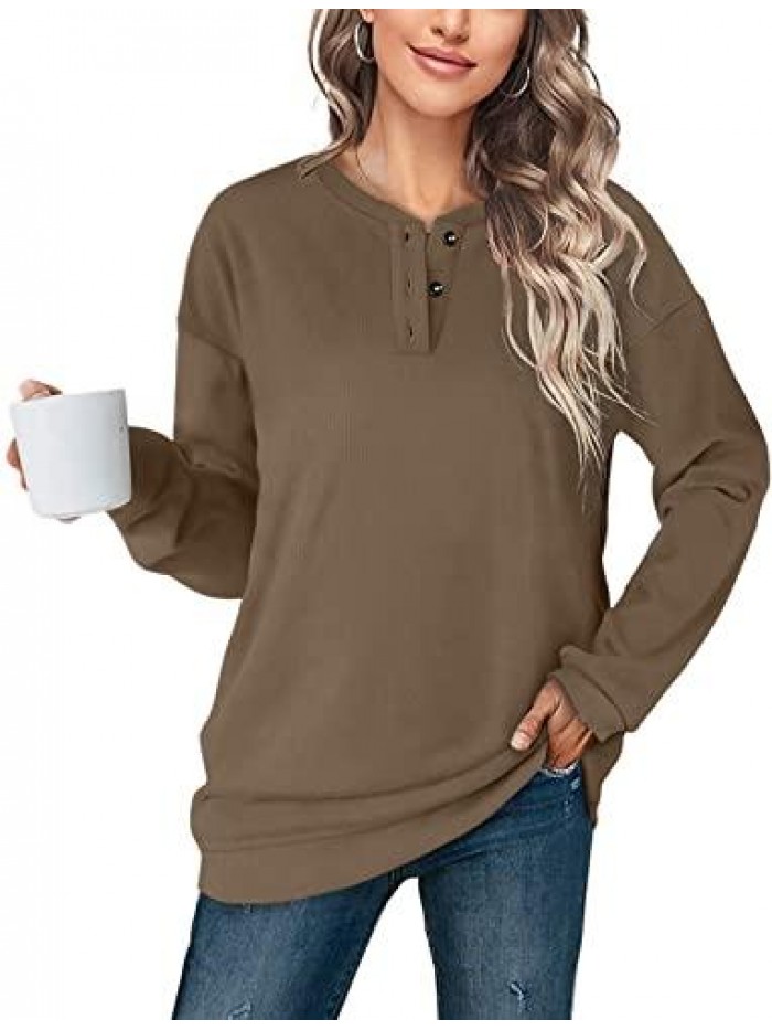 Womens Casual Sweatshirts Henley Button Up Long Sleeve Tunic Tops 