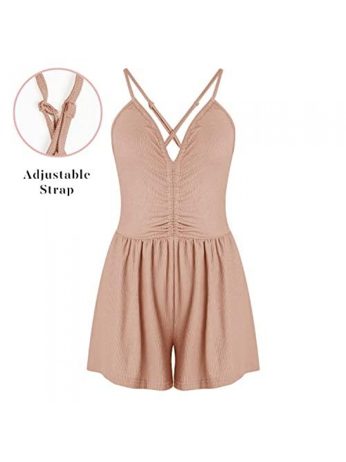 Women Deep V Neck Spaghetti Strap Short Romper Ruched Front Knitted Criss Cross Back Sleeveless Swing Jumpsuit 