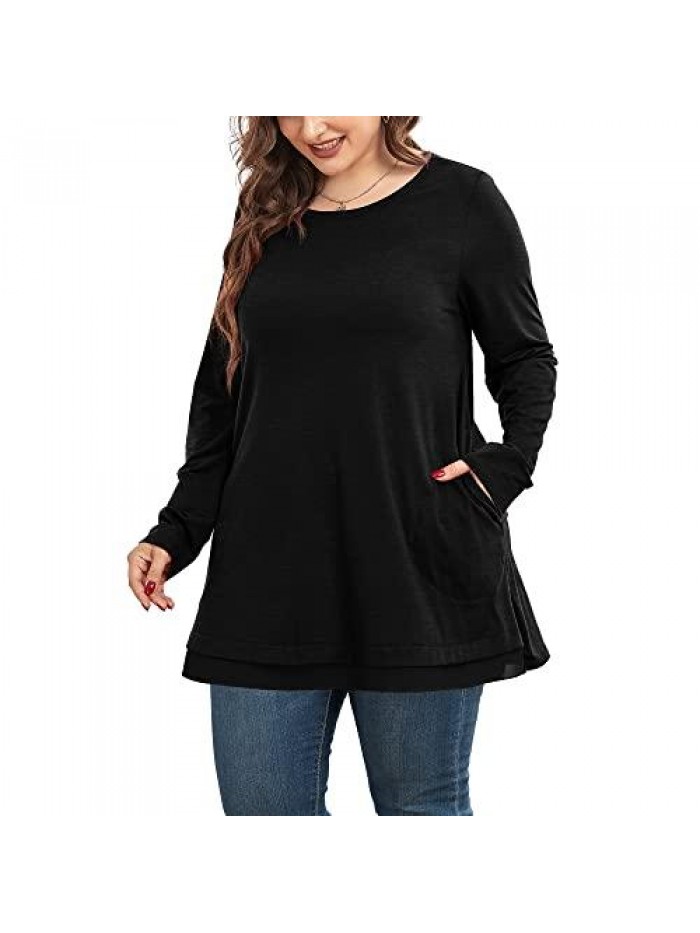 Women's Plus Size Casual Tunic Top - Long Sleeve Pleated Button Up Ruffle Flared Solid Blouse Shirt(0X-4X) 