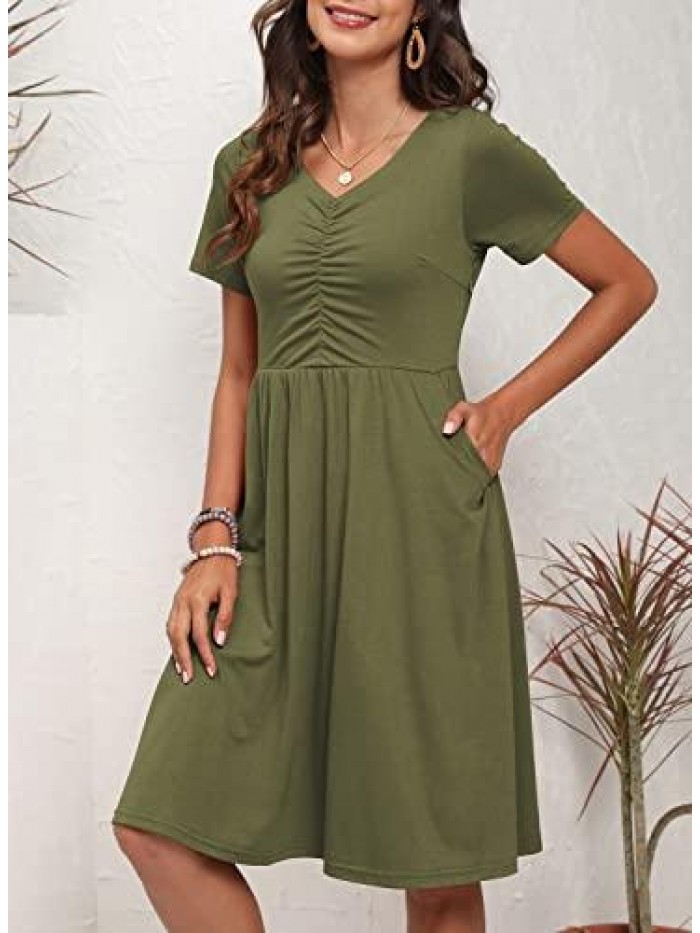 Womens Casual Summer Dress with Pockets Short Sleeve Cotton Sundress Ruched Bust V Neck Flared A Line Dresses 