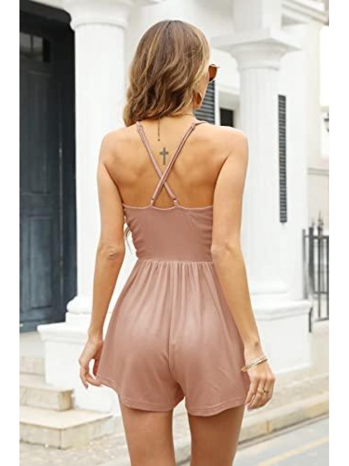 Women Deep V Neck Spaghetti Strap Short Romper Ruched Front Knitted Criss Cross Back Sleeveless Swing Jumpsuit 