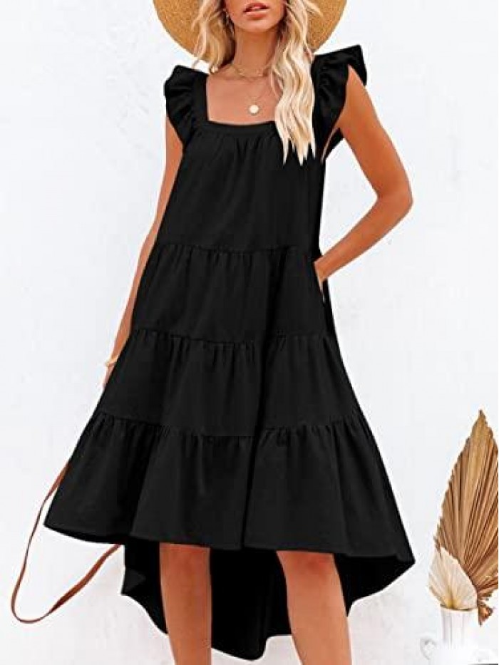 2022 Women's Summer Midi Dress Sleeveless Ruffle Sleeve Colorblock Solid Loose Fit Flowy Pleated Dress with Pockets 