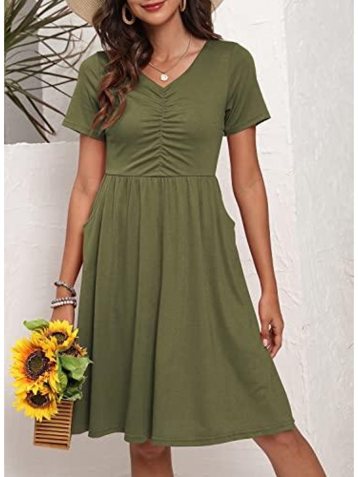 Womens Casual Summer Dress with Pockets Short Sleeve Cotton Sundress Ruched Bust V Neck Flared A Line Dresses 