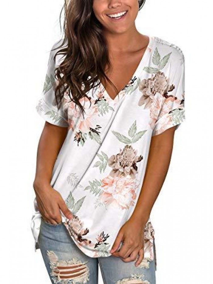 Womens Summer Tops Floral Short Sleeve V Neck T Shirts Tee Printed Side Split Tunic 