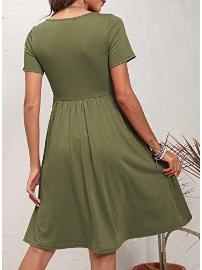 Womens Casual Summer Dress with Pockets Short Sleeve Cotton Sundress Ruched Bust V Neck Flared A Line Dresses 