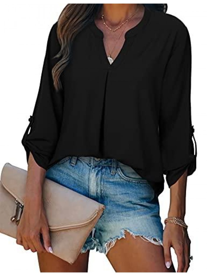 Women's Blouses 3/4 Sleeve Work Shirt Chiffon Tunic Top Office Wear 