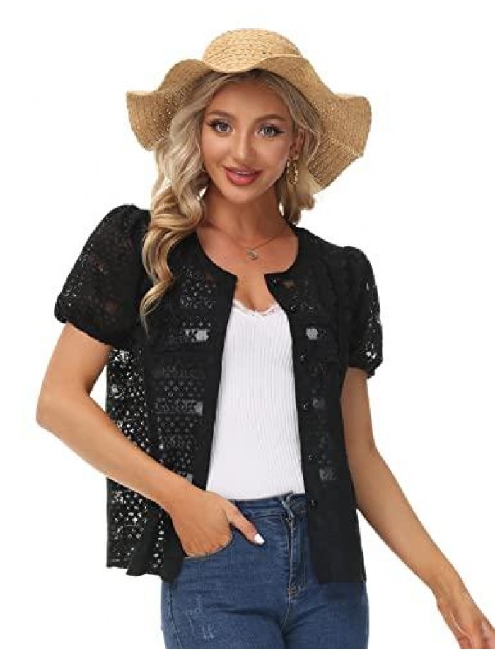 Poque Women Short Sleeve Lace Cardigan Button Up Crochet Shrug Casual Lightweight Vintage Bolero Jackets 