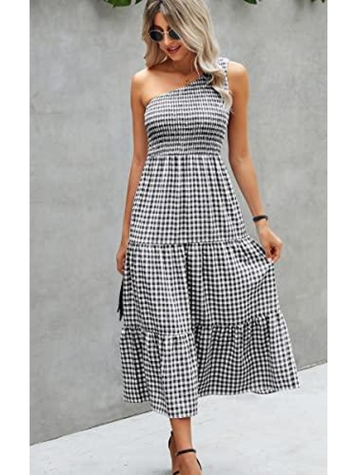 Womens Summer Dress One Shoulder Plaid Dress Elegant Party Ruffled Flowy Dress 