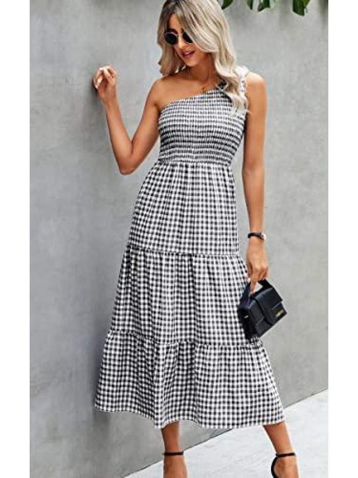 Womens Summer Dress One Shoulder Plaid Dress Elegant Party Ruffled Flowy Dress 